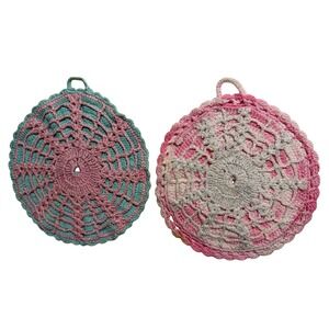 Vintage Handmade Crochet Potholders Set of 2 Round Scalloped Pink Teal Hot Pads
